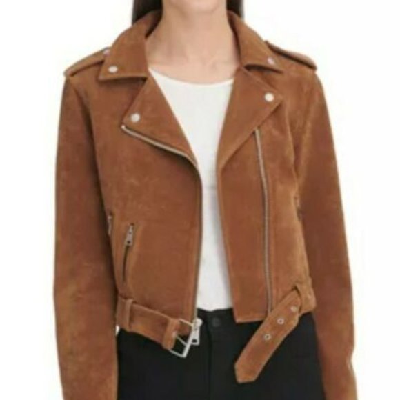 NWT Levi's Women's size 3X Faux Suede Belted Asymmetrical Moto Jacket Cognac Tan - Picture 7 of 10